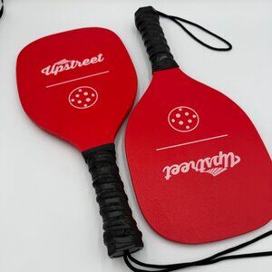 Set Of 2 Pickleball Up Street Wooden Paddles, Red w/Black Tape,  Very Good Cond.
